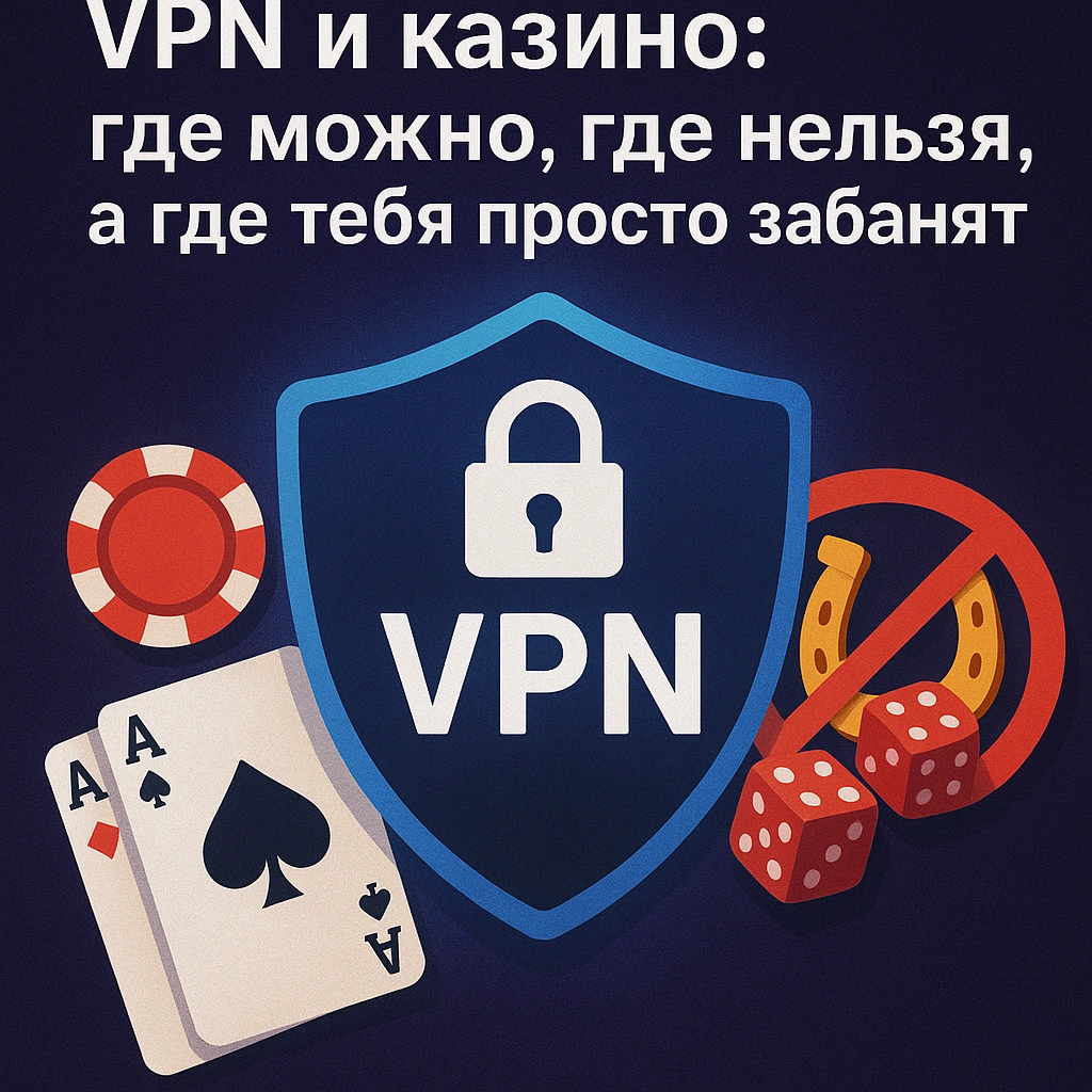 Иллюстрация с щитом VPN, покерными фишками, игральными картами и значками запрета — визуализация темы «VPN и казино: где можно, где нельзя, а где тебя просто забанят».