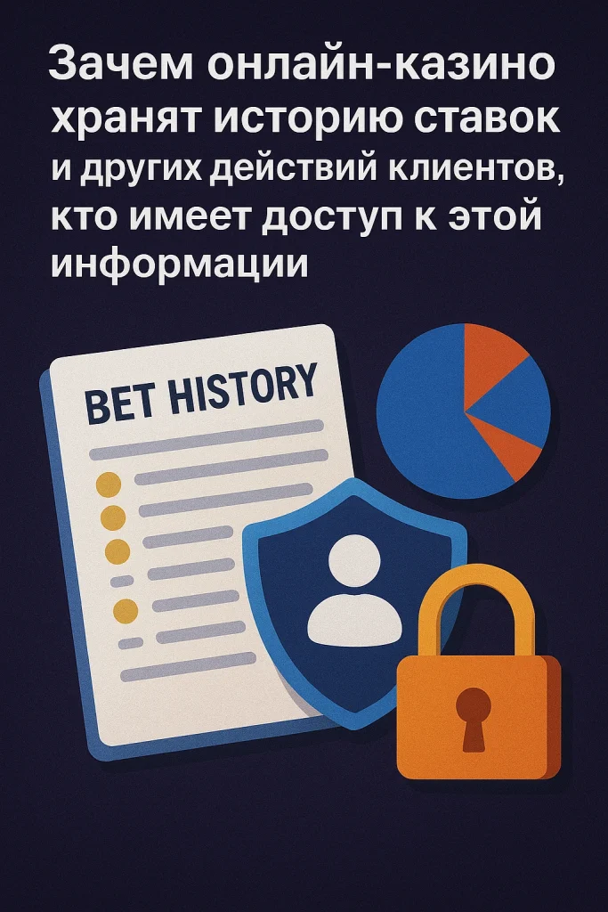 Изображение с документом «Bet History», значком пользователя на щите, графиком и замком — визуализация темы хранения истории ставок и доступа к данным в онлайн-казино.