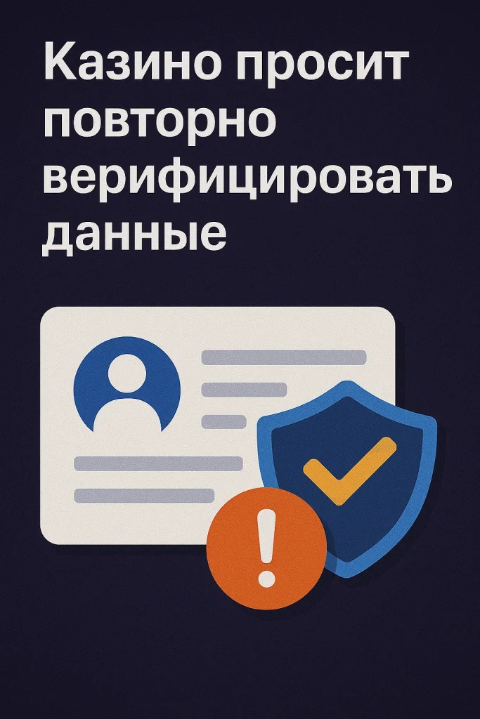 Изображение с удостоверением личности, щитом с галочкой и иконкой восклицательного знака — иллюстрация темы повторной верификации данных в онлайн-казино.