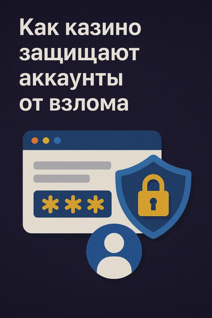 Иллюстрация с браузером, защищённым паролем, щитом с замком и иконкой пользователя — визуализация темы защиты аккаунтов в онлайн-казино от взлома.