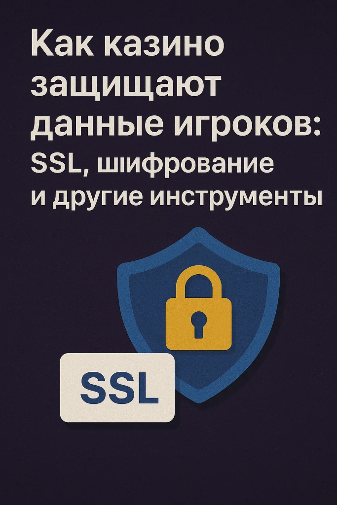 Иллюстрация с замком на щите и значком SSL — визуализация защиты данных игроков в казино с помощью шифрования и современных технологий.
