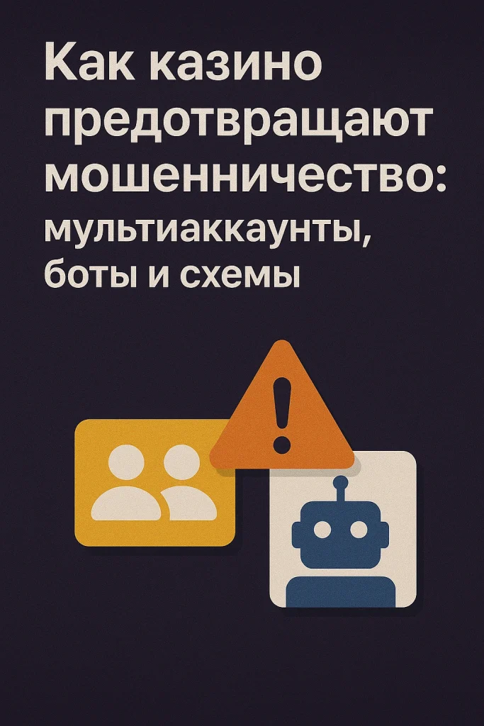 Иллюстрация с иконками мультиаккаунтов, робота и знаком предупреждения — визуализация методов борьбы казино с мошенничеством, ботами и схемами.