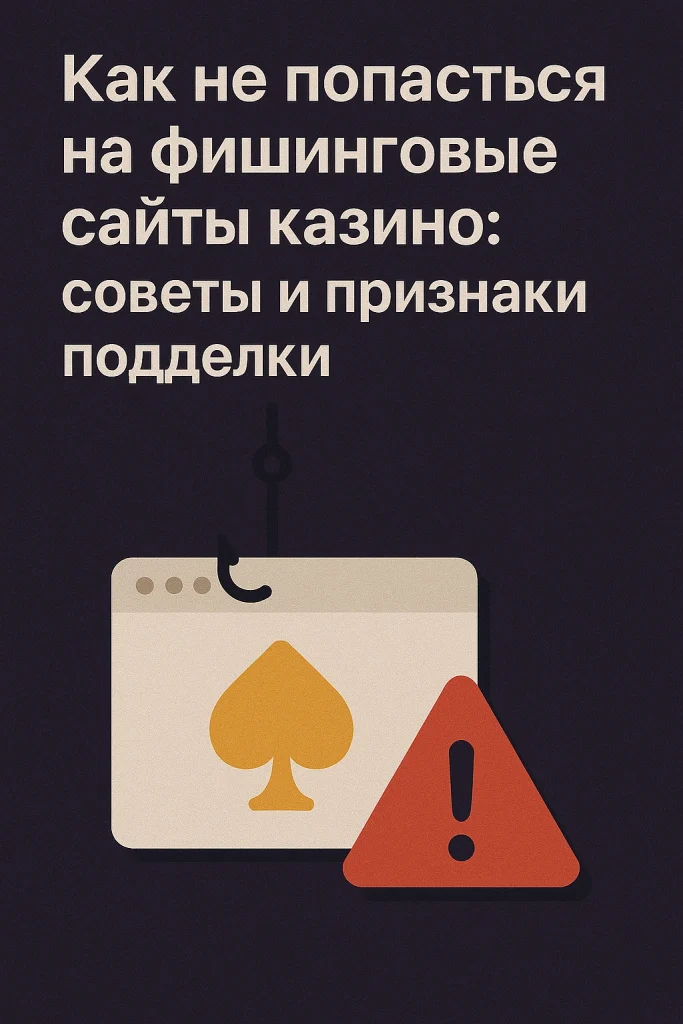 Иллюстрация с фишинг-крючком, иконкой браузера с символом казино и знаком опасности — визуализация признаков поддельных сайтов казино и советов по защите.